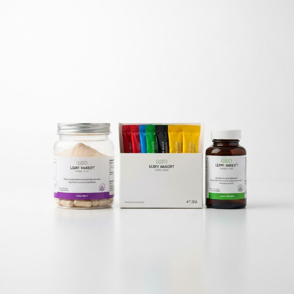 Product arrangement showing different supplement formats and packaging